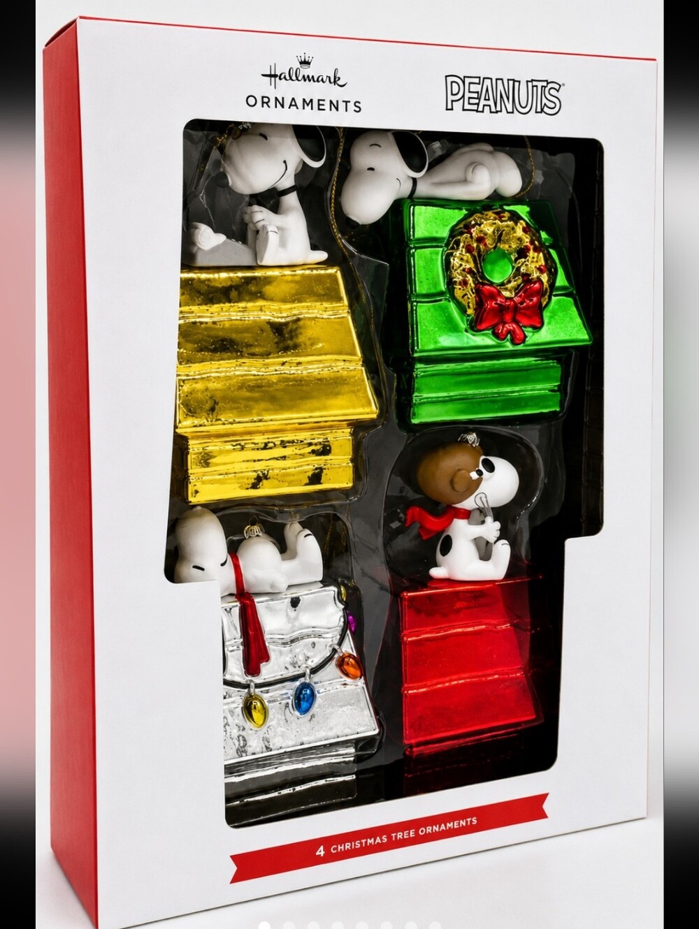 Peanuts Snoopy/Doghouses Set of 4 Glass Christmas Tree Ornaments New By Hallmark